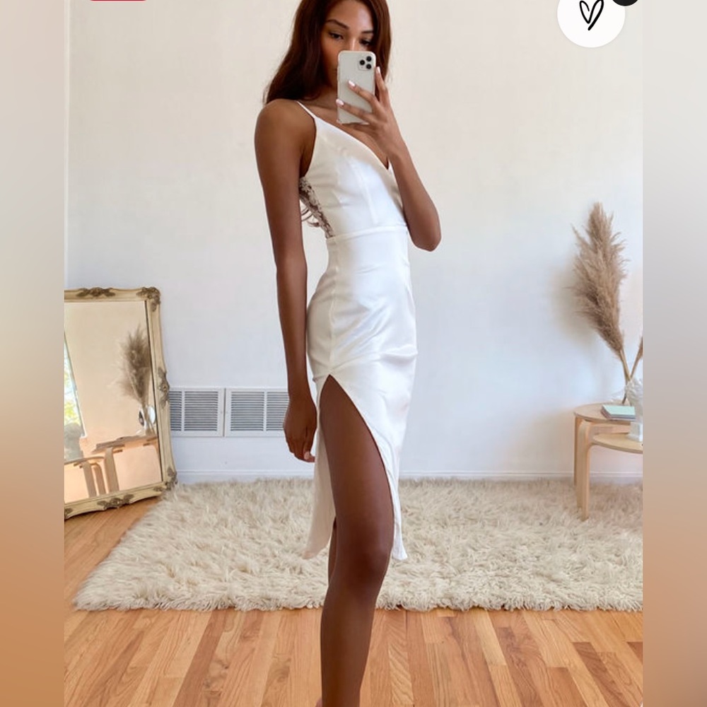 Stunning Sight White Embroidered Lace Satin Midi Dress - Picture 3 of 7